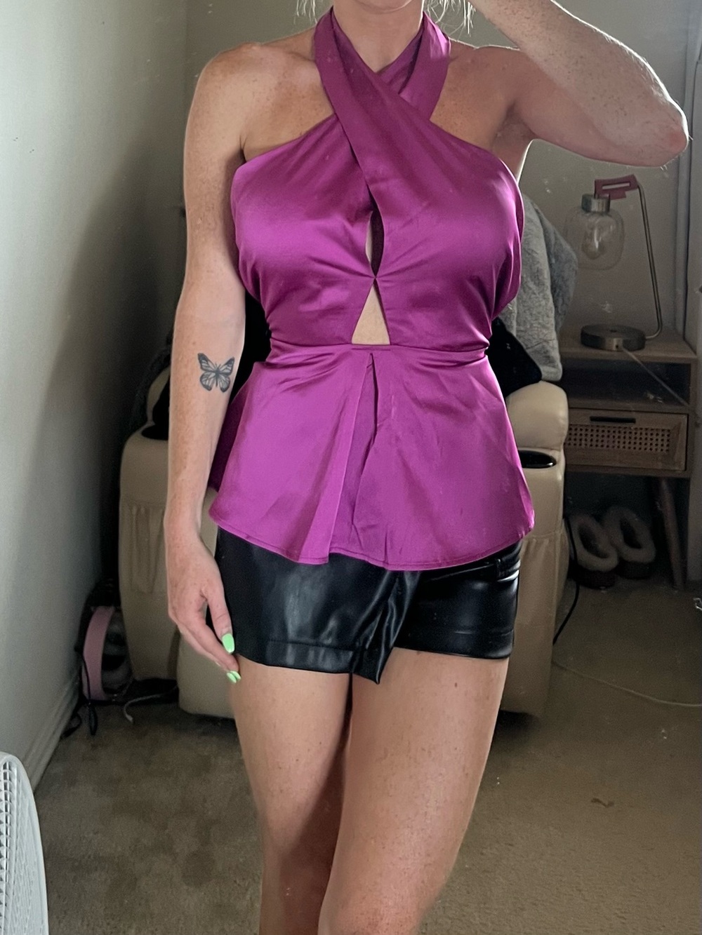 Magenta Satin Halter Peplum Top